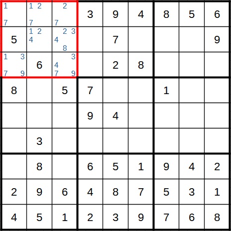 Example for a naked triple in Sudoku